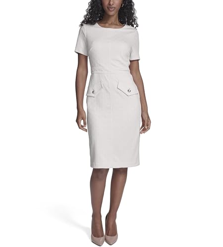 Image of Tommy Hilfiger Women's Short Sleeve Round Neck Novelty Button Tweed Mini Sheath Dress