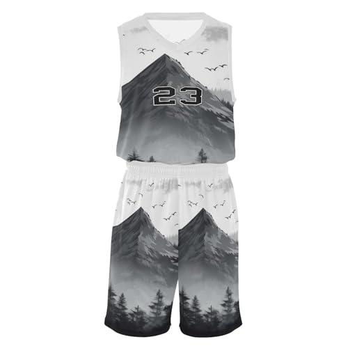 FLildon Mountain Painting Boys Basketball Jersey Set Tank Top Shorts Tracksuit Sport Training Suit for Kids, XXL