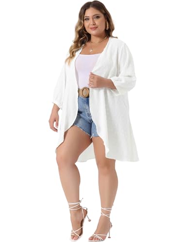 Image of Agnes Orinda Plus Size Cardigan for Women Open Front 3 /4 Sleeve Swiss Dots Lightweight Casual Cover Up