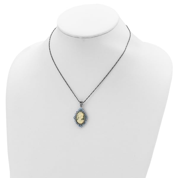 925 Sterling Silver Vintage Rhinestone Crystals Cameo Necklace 16 inch Chain4