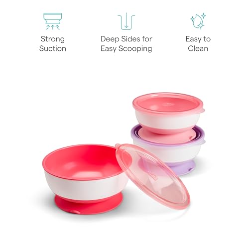 Image of Munchkin Stay Put Suction Baby Bowls with Lids - Dishes for Babies and Toddlers, Self-Feeding Bowl Set for Kids 6+ Months, Pink /Purple, 3 Count 3 sizes: small, medium, large (Pack of 6)
