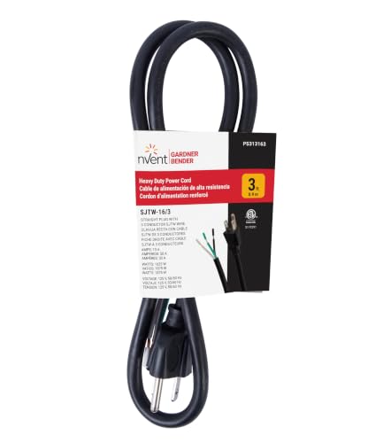 Image of nVent Gardner Bender PS313163 3-Wire Appliance and Power Tool Cord, 3 ft, 16 AWG, 13A /125V AC, 1625W, Heavy Duty Replacement Power Cable, Grounded NEMA 5-15 (Formerly: Bergen Industries)