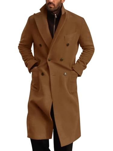 Runcati Mens Wool Blend Casual Trench Coat Notched Collar Lapel Long Jacket Double Breasted Classic Winter Overcoat