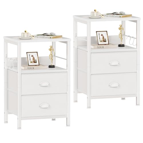 Furologee Nightstands Set of 2, End Table with 2 Fabric Drawers, Night Stand with 2 Hooks, Open Wood...
