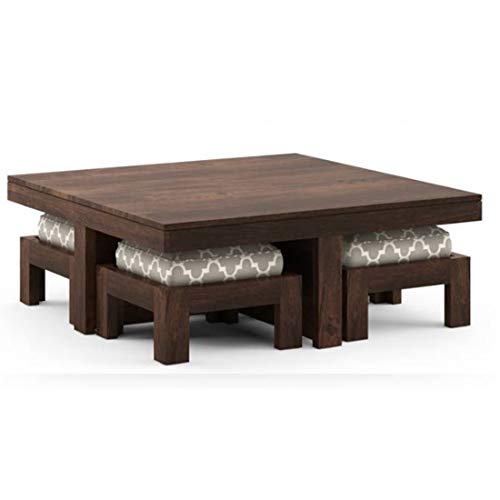 Image of Jangid Handicraft Solid Sheesham Wood Coffee Table with 4 Stool | Square Sofa Centre Table with Stool | Tea Center Table with 4 Stools for Living Room | Patio Teapoy Table with Four Puffy | Walnut