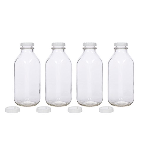 Glass Milk Bottles - USA Made 33.8 oz Jugs with Extra Lids - Set of 4