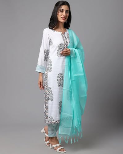 Image of Tee Projekt Women's Cotton Blend Sweetheart Neck Straight Kurta Pant with Dupatta Set