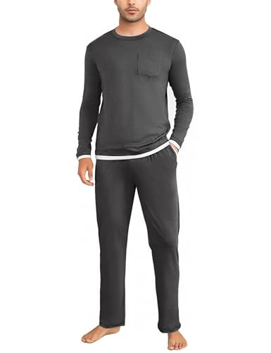 Litherday Pijamas Hombre Invierno de Manga Larga de Algodón Cuello Redondo Conjunto de Pijama de Hombre Camiseta con Bolsillos Ropa de Dormir de Dos Piezas