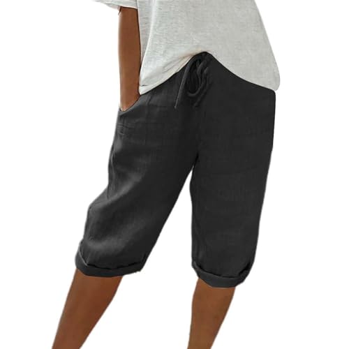 Bermuda Shorts for Women Knee Length High Waist Palazzo Cotton Linen Casual Pants with Pocket Summer Beach Vacation