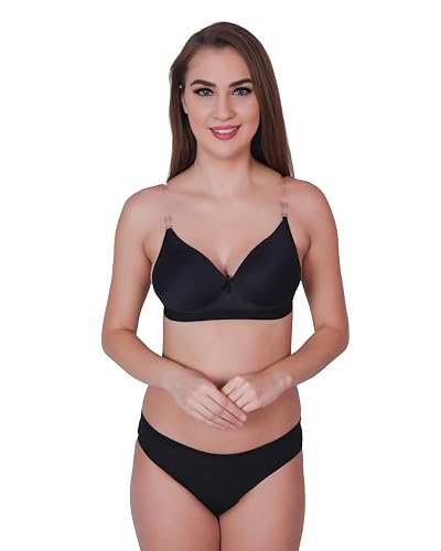 Image of UNITRUST Premium Lycra Transparent Strap Padded Bra with Matching Panty Set Designer Ultra Soft Lingerie Set for Women