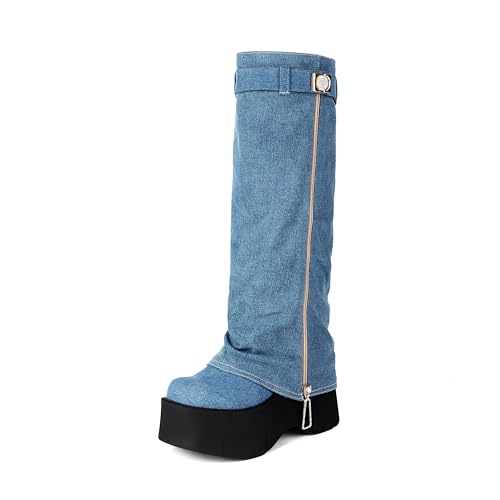 MRKEWUNEY Fashion Fold Over Knee High Boots for Women Wedge Heel Denim Knee High Boots Wide Mid Calf Boots