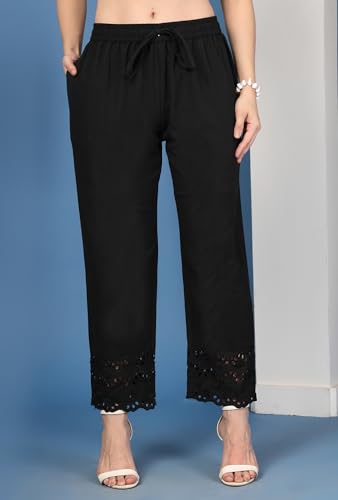 Image of Pistaa's Women's Pure Cotton Regular Hem Design Solid Palazzos