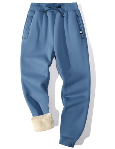 Flygo Mens Fleece Pants Winter Warm Joggers Pants Active Sherpa Lined Sweatpants(Rib Bottom Bluegrey-XL)