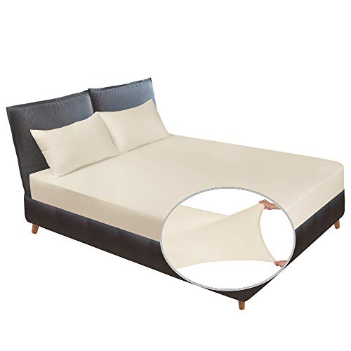 Spannbetttuch und 2 Kissenbezüge ohne Bettlaken, Jersey-Strick- und T-Shirt-Gefühl Mikrofaser, super dehnbar und für Matratzen geeignet (Tiefe: 12,7 - 38,1 cm), knitterfrei, voll, Beige Cover