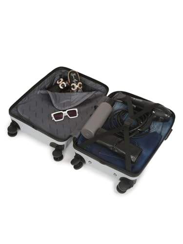 Image of TEAKWOOD LEATHERS Unisex Trolley Bag, Hard Side Cabin with Zipper Closure, Adjustable Push Button & Cross Strap, Lock System 360 Degree 8 Wheel Suitcase (S, Silver)