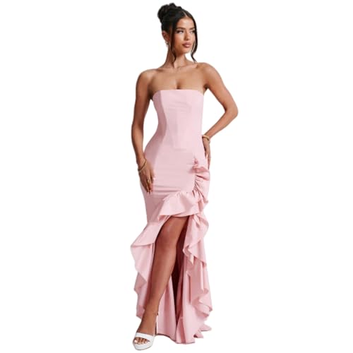 Image of Women's Sexy Strapless Backless High Split Long Maxi Dress Ruched Off Shoulder Sleeveless Bodycon Party Cocktail Dresses