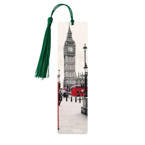 レッドフォンブース ロンドンストリートプリント タッセル付き木製ブックマーク 5個 読書ページマーカー ブックマーク 男性女性へのギフトに