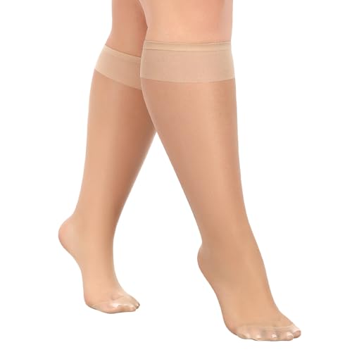 MANZI 10 Pairs Plus Size Knee High Stockings for Women 15D Sheer Nylons Socks with Wide Calf Natural