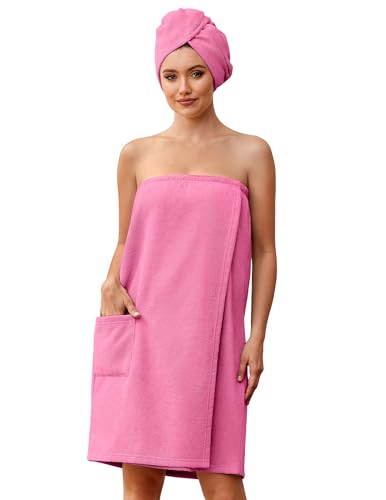 Ekouaer Towel Wrap for Women with Hair Towel Lightweight Knee Length Spa Body Bath Adjustable Closure Bathrobe with Pocket Fuchsia M