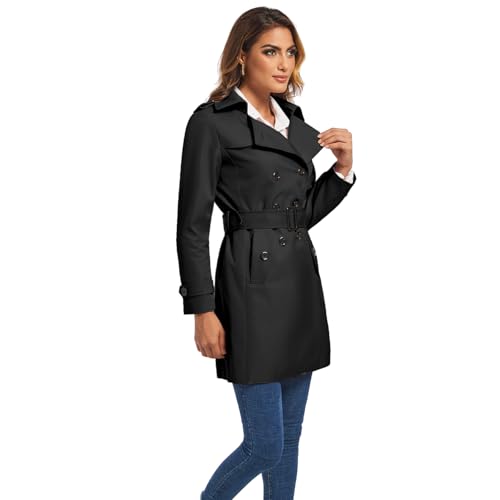 FARVALUE Women's Black Double Breasted Trench Coat with Belt - Medium - Image 3