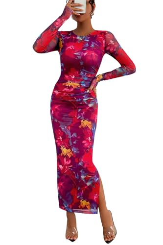 Image of CFLONGE Long Sleeve Dress for Women Floral Print Ruched Wedding Guest Maxi Dresses Tight Fitted Cocktail Party Bodycon Dress