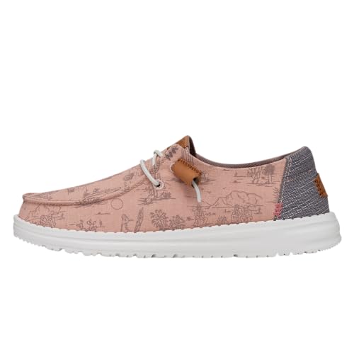 Image of HEYDUDE Women's Wendy Desert Slip On Shoe, Mauve Size 6 | Desert Print | Elastic Laces, Lightweight Travel Loafer