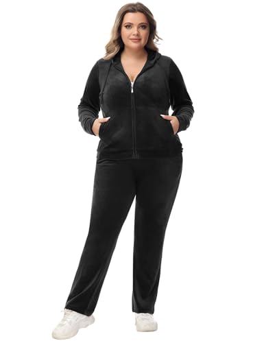 ROYAL MATRIX Womens Plus Size Velour Tracksuit 1X-6X 2 Pieces Velour Sweatsuits Set Full Zip Hoodie & Sweatpant Sets Black, 1X