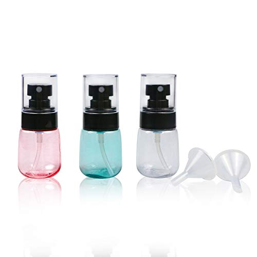 Refillable Fine Mist Spray Bottles, 3 Pack of 1oz Empty Travel Container Bottle with Black Sprayer Pump for Cleaning Sprays, Cosmetic Packing, Essential Oils (Pink, Blue, Clear)