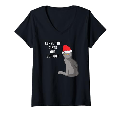 Mujer Hey Santa, Just Leave The Gifts & Get Out – Christmas Cat Camiseta Cuello V