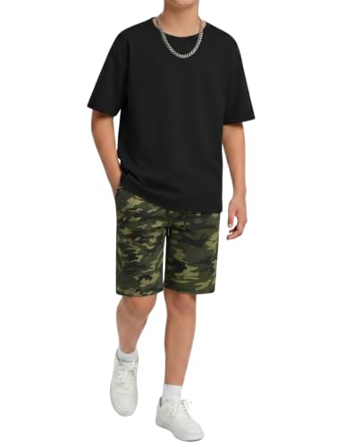 Image of Arshiner Boys Drop Shoulder T-Shirt & Drawstring Waist Shorts Summer Casual Outfits (5-12 Years)