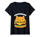 Photo Gallery donna divertente hampurrrger kawaii cat burger food pun maglietta con collo a v Photo Gallery donna divertente hampurrrger kawaii cat burger food pun maglietta con collo a v