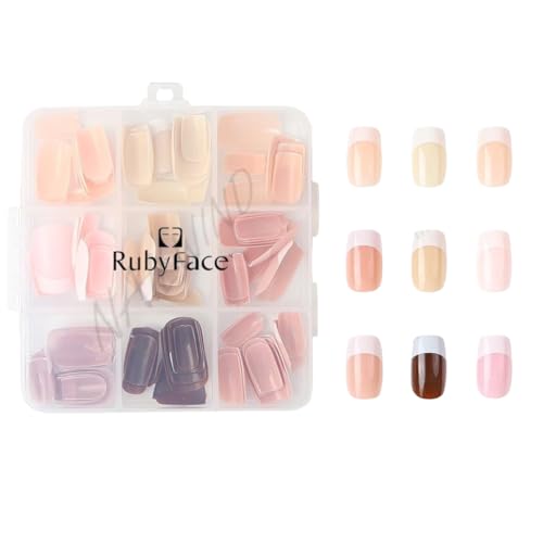 Image of 9 Color Press On Nails Fake Nail 216 Pcs, French tip press-on nails, Press on Nail, Artificial Nail Extensions Combo in Multicoloured, Full Cover Glossy Nude False Acrylic Nails for Women Girls (05, 216 count (Pack of 1))