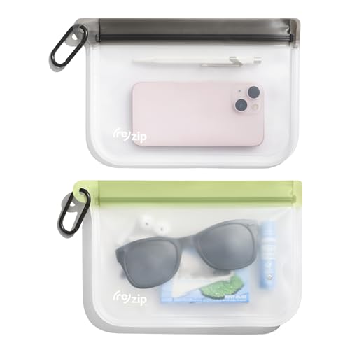 (re)zip On-The-Go Take Me Along Clip-On Bags with 2 Carabiners, Reusable, Lightweight, Compact, Airtight Closure, Water-Resistant, Travel-Friendly, Holds Wallet, Keys, Phone & Essentials