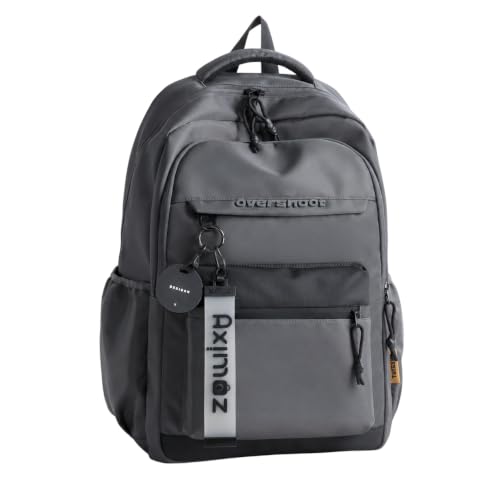 Aximoz 15.6" Laptop Backpack in Dark Grey – water-resistant, lightweight and ideal for school, college, office and travel. Features multiple compartments, front zipper pocket and side bottle holders.