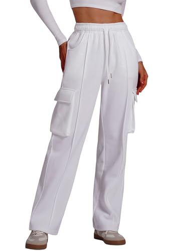 ABOCIW Womens Cargo Sweatpants Drawstring High Waisted Fleece Wide Leg Sweatpants Baggy Joggers Casual Loose Athletic Lounge Pants with Pockets Fall Pants for Women 2024 Cargo White Medium