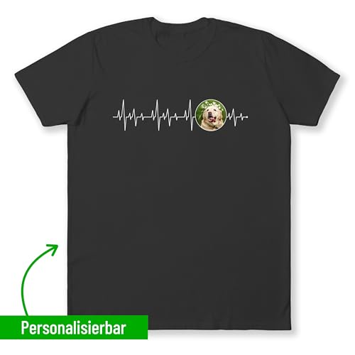 T-Shirt personalisiert „Bild & Herzschlaglinie“ – Tiermotiv Shirt mit eigenem Foto Bedrucken - für Damen & Herren - Geschenk für Hundebesitzer, Hundeliebhaber, Katzenfans - Schwarz, Gr. XXL