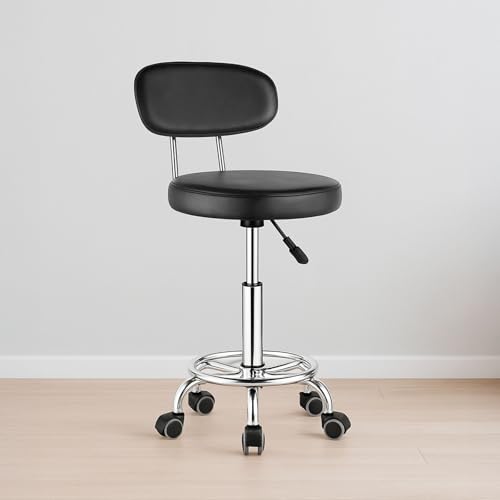 OUO Silla Giratoria con Respaldo para Oficina, Estética y SPA - Altura Ajustable, Base Cromada con Ruedas, Espuma Doble de 35 cm, Negra