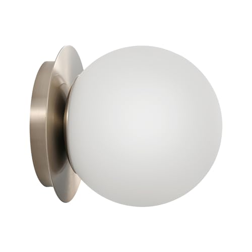 Image of Modern Nickel Globe Wall Sconce，Single Light with Milk Glass Shade | 6 inch Minimalist Spherical Vanity Sconces,Contemporary Small Brass Ball Lights Fixture for Entryway Bedside Bathroom,E26 Base