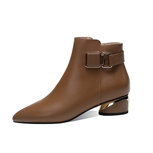 TinaCus Women's Pointed Toe Genuine Leather Handmade Buckle Low Chunky Heels Side Zip Up Stylish Ankle Boots2