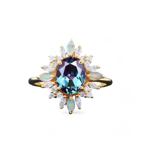 Vintage Alexandrite Engagement Ring 14k Yellow gold Handmade Diamond Jewelry Delicate Bridal Opal Halo Ring June Birthstone Chirstmas Gift for Her