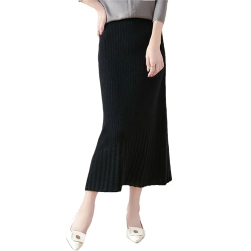 Women's Fall and Winter Elastic Casual 100% Merino Wool Knitted Skirt Black XL