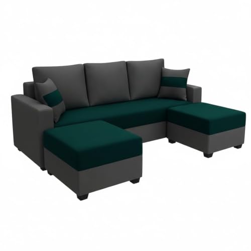 Image of FURNY Aura 5 Seater L Shape Sofa Set with 2 Movable Ottoman | Flexible Left or Right Layout | Plush Velvet Fabric (Greenish Teal-Dark Grey) | Perfect for Living Room, Guest Room & Office