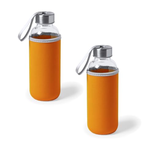 Genérico Juego de 2 Botellas de Agua de Cristal de 420ml con Funda de Neopreno y Tapa de Seguridad, Botellas Reutilizables de Bebidas para Deporte, Oficina y Viajes (Naranja)