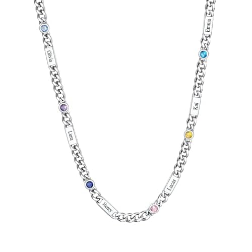 Custom4U Personalized Cuban Link Birthstone Necklace for Women Men, Stainless Steel Cuban Chain 5mm Custom 1-6 Names, Jewelry Gifts for Birthday, Mothers Day, Christmas, Fathers Day 22 inche