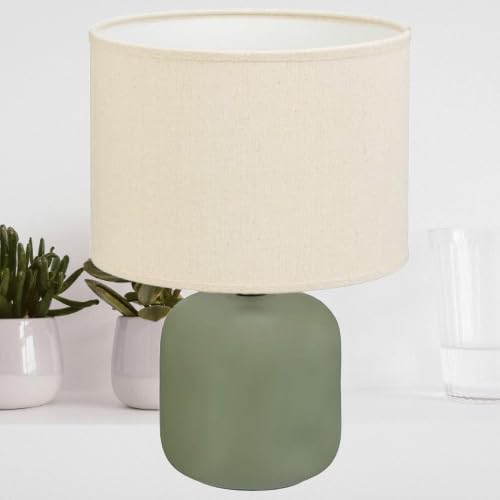 New Green Stylish Matte Figi Lamp with Modern Drum Cream Fabric Shade Portable Table Lamp for Bedroom Living Room Bedside Coffee Table Home Decor -A08