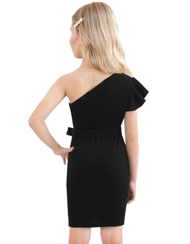 21KIDS Girl's One Shoulder Ruffle Flounce Sleeve Party Birthday Dress with Belt 6-14 Years2
