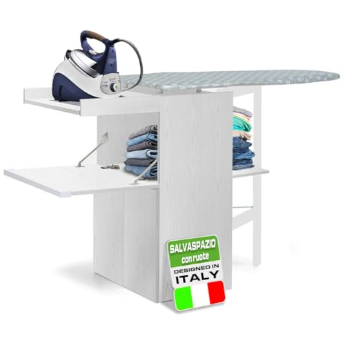 Shally Dogan Mueble de Tabla de Planchar Plegable Que Ahorra Espacio, Mueble Plegable, Estructura de Madera para Planchado rápido, 4 Ruedas para Desplazamiento, Ideal para lavandería, baño (Blanco