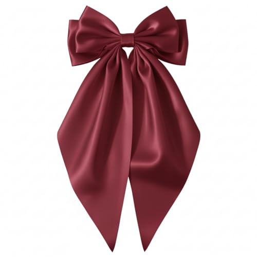 Burgundy Red Oversized Satin Hair Bow Clip with Long Tails for Women