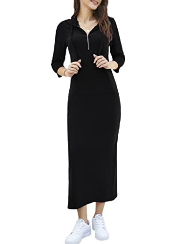Image of MISSKY Women Casual Pocket Quarter-Zip Neck 3 /4 Sleeve Slim Split Pullover Hoodie Maxi Dress