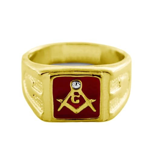 14K Gold Masonic Ring for Men 10K 14K 18K Solid Gold Freemason Masonic Ring Mens Red Master Mason Ring with Diamond Masonic Jewelry for Men Husband Dad Size 4 to 16